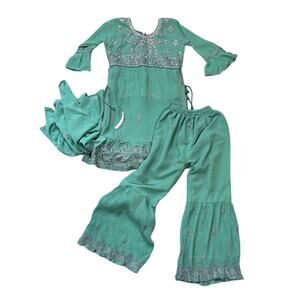 Girls' Indian Pakistani Sharara Suit Mint Green 3 Piece Set Size 36